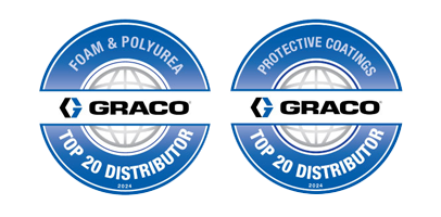 Two round Graco Top 20 distributor emblems are side by side. One if for foam and polyurea equipment. The other is for protective coatings equipment.