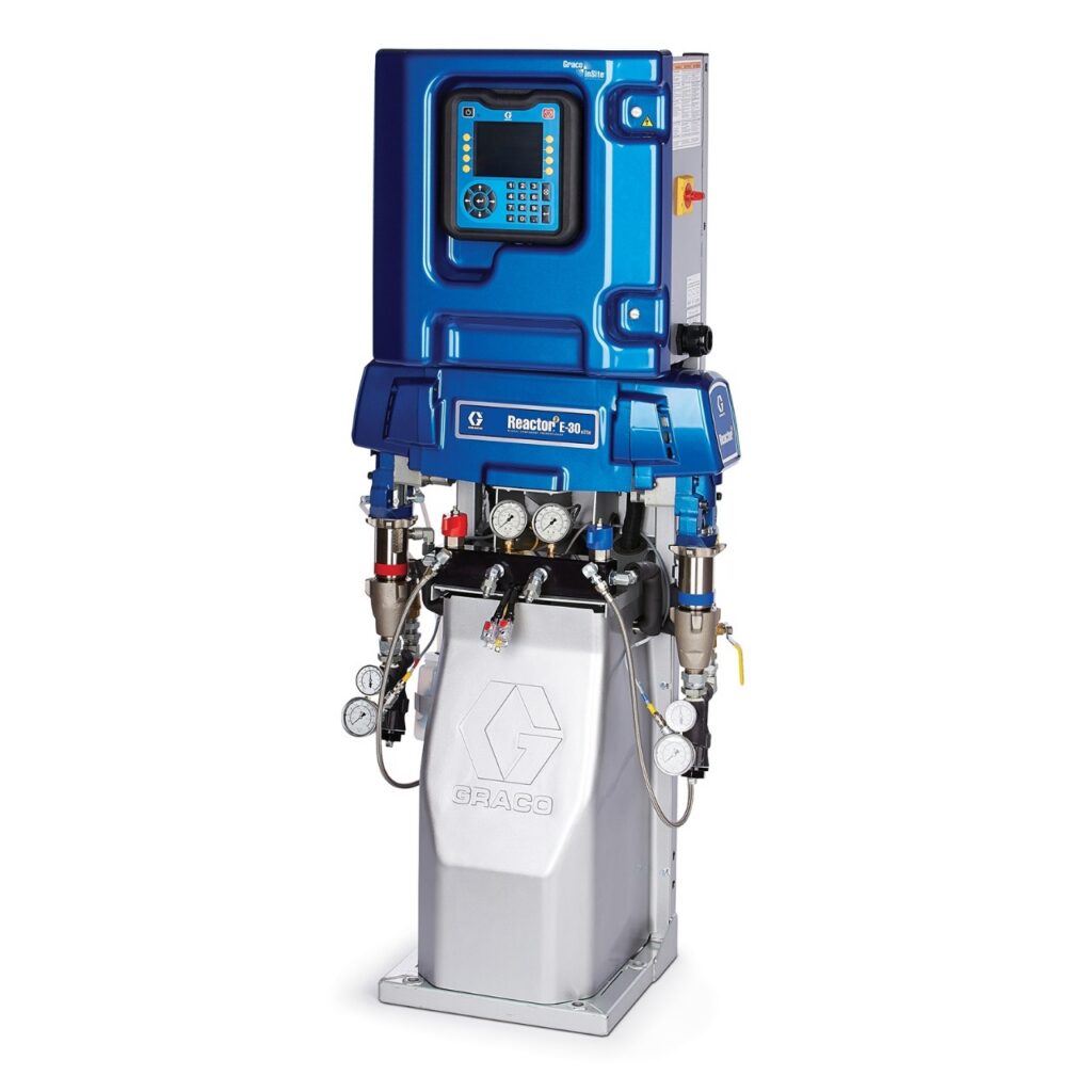 This image shows the Graco Reactor 2 E‑30 electric spray foam proportioner with a front digital control panel.