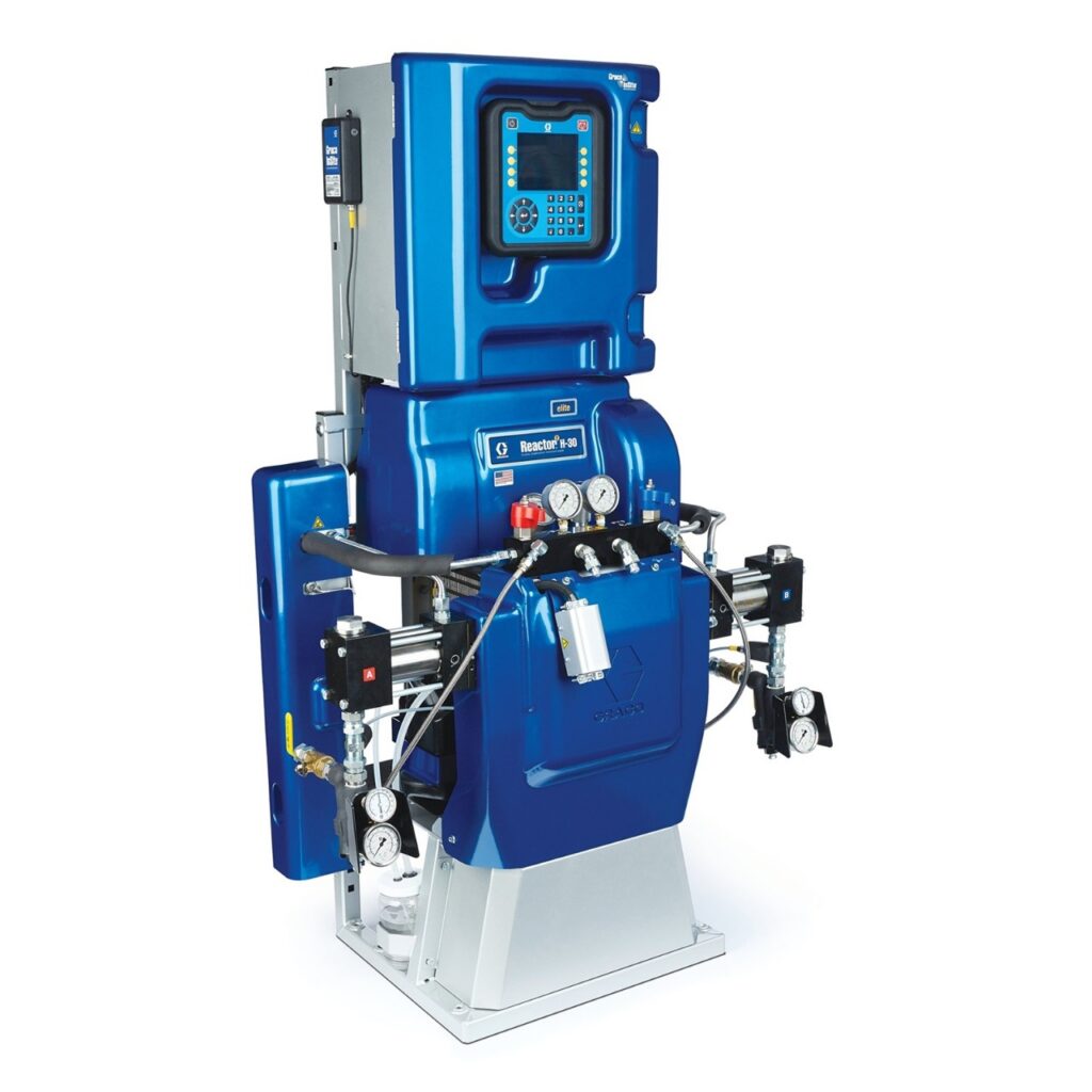This image shows the Graco Reactor 2 H‑30, a blue hydraulic spray foam proportioner with front‑mounted digital controls.