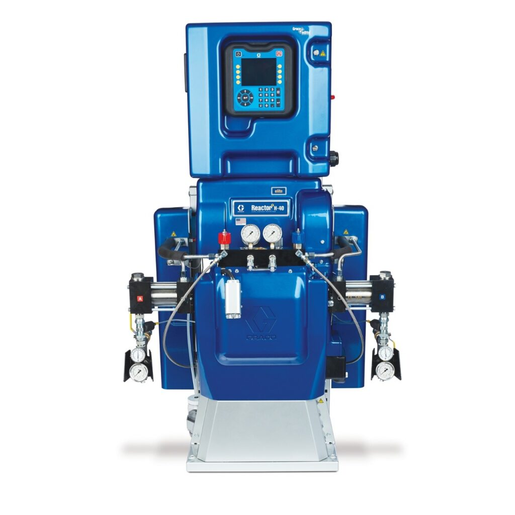 Image ALT text: This image shows the Graco Reactor 2 H‑40, a blue hydraulic spray foam proportioner with a central control panel and connection points.