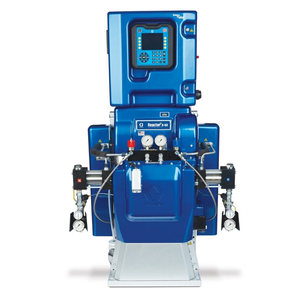 Image ALT text: This image shows the Graco Reactor 2 H‑50, a blue hydraulic spray foam proportioner equipped with hoses and a front‑facing control interface.